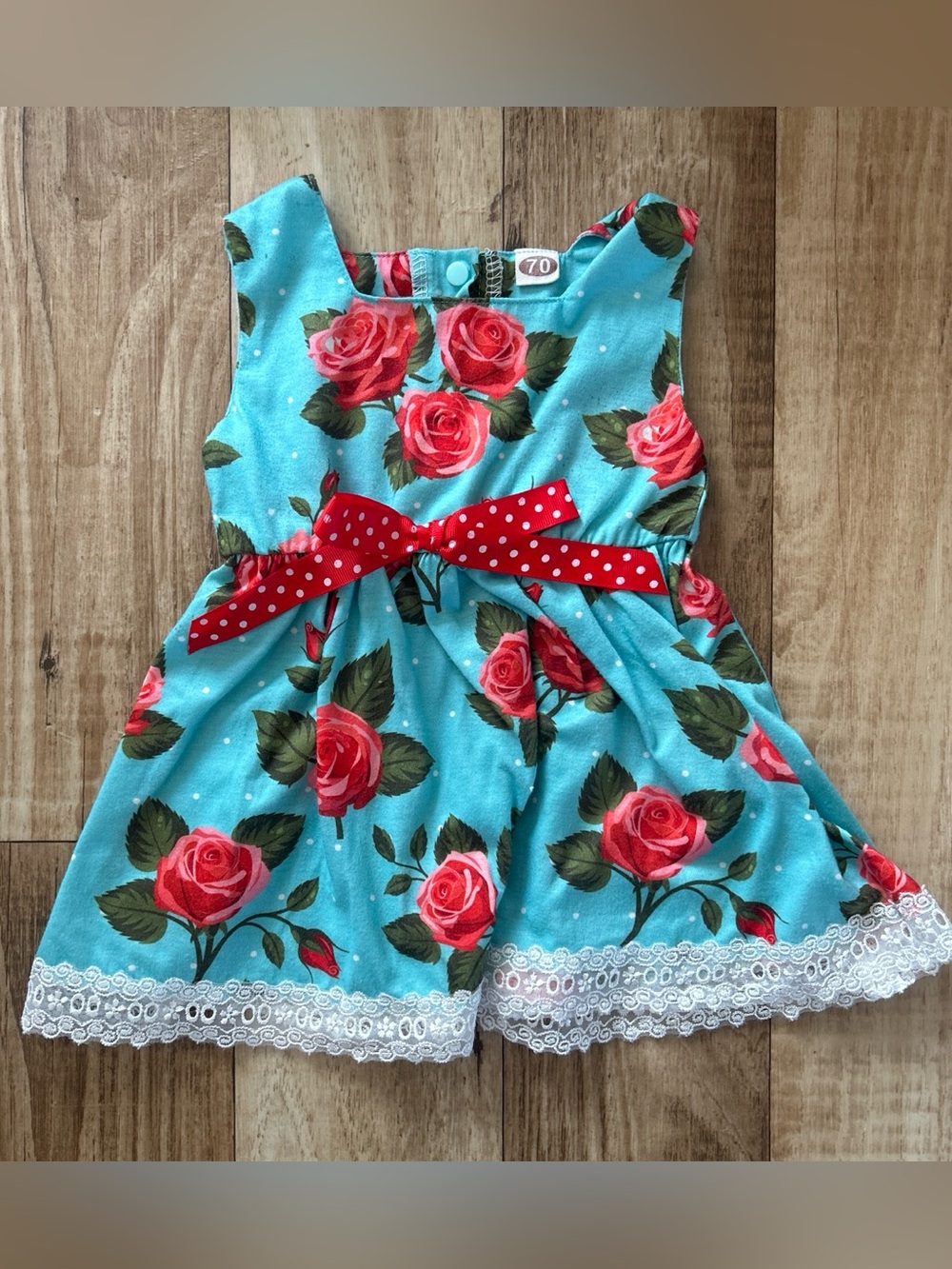 Vintage Turquoise Floral Dress with Red Rose Print size 3-6 months